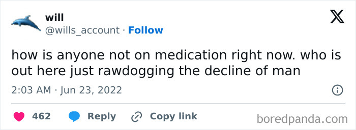 Tweet about coping with the decline of humanity, questioning how anyone handles it without medication.