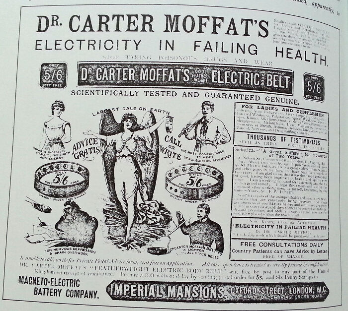 Vintage advertisement for Dr. Carter Moffat's electric belt, a historical invention promoting health benefits.