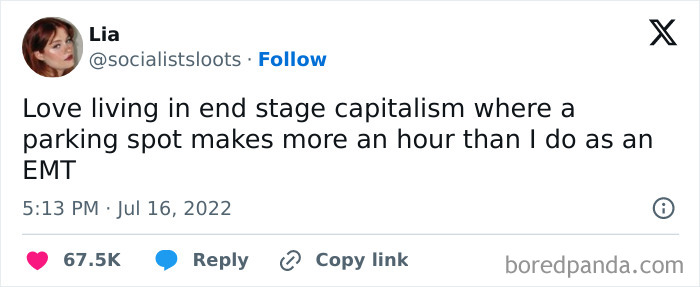 Tweet highlighting end stage capitalism frustrations about parking rates exceeding EMT wages.