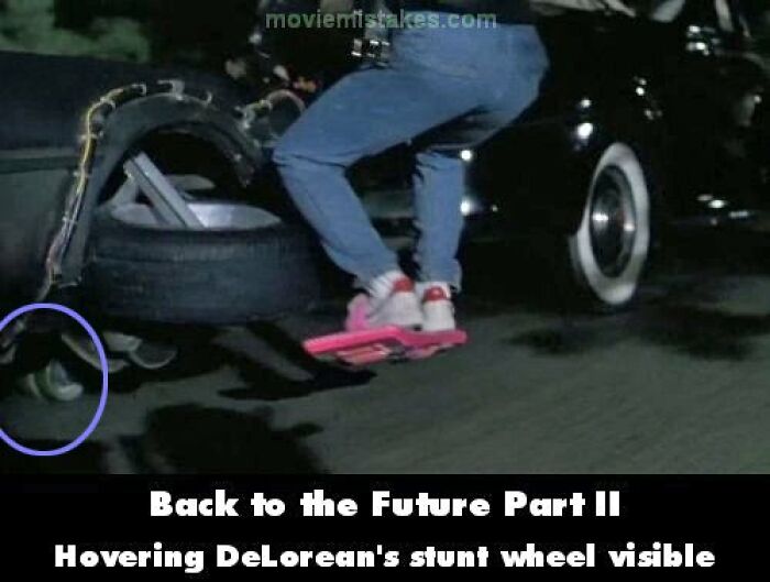 Hoverboard scene from Back to the Future Part II showing funny movie mistakes with visible stunt wheel.