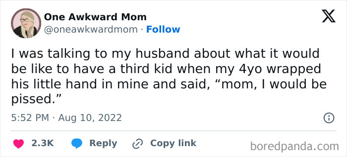 Tweet by a mom about an awkward conversation with her 4-year-old on having a third child.