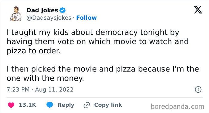 Funny post about teaching kids democracy through movie and pizza voting, but overriding choice as the one with money.