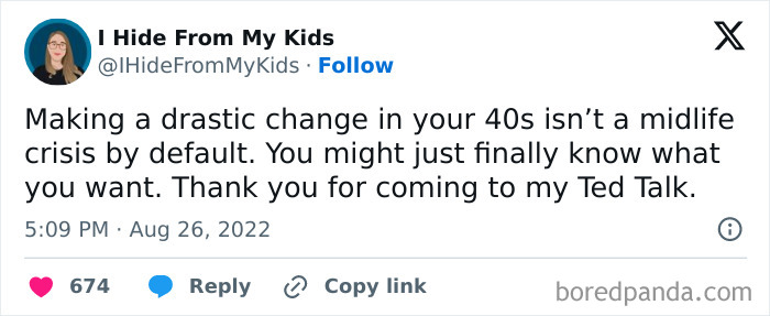 Tweet humorously discussing life changes in your 40s, challenging the midlife crisis stereotype.