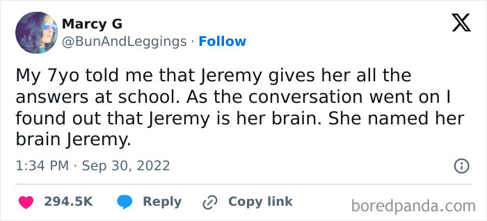 Tweet about kid naming her brain Jeremy, humorously describing school conversations.