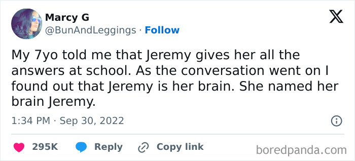 Tweet by Marcy G about a funny story involving her 7-year-old child naming their brain Jeremy; hilarious-kids anecdote.