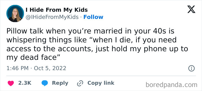 Tweet humorously captures what it’s like being in your 40s, mentioning practical pillow talk about phone access after death.