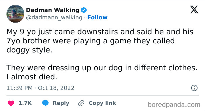 Tweet about awkward parents-kids conversation involving a game called "doggy style" with kids dressing up their dog.