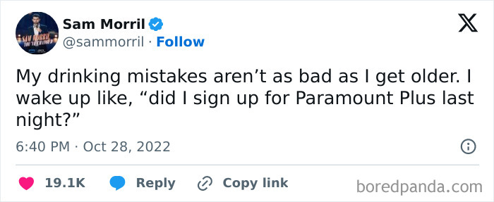 Tweet humor about drinking mistakes and waking up unsure of signing up for Paramount Plus.