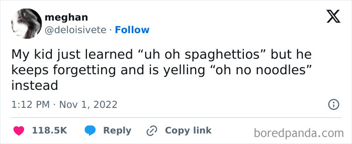 Funny twist on phrase "Uh oh Spaghettios" by a child during an awkward parents kids conversation on Twitter.