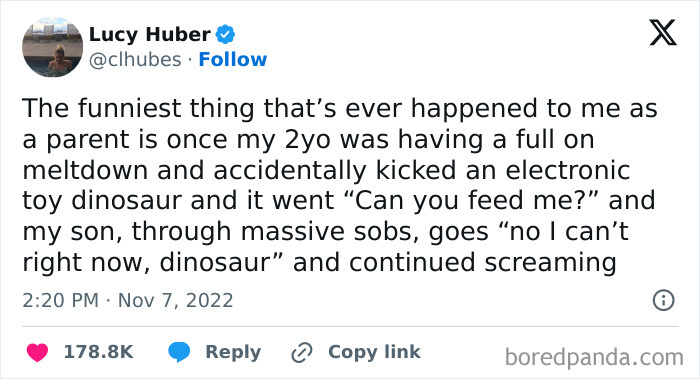 Tweet about humorous awkward parents-kids conversation with a toy dinosaur during a child's meltdown.