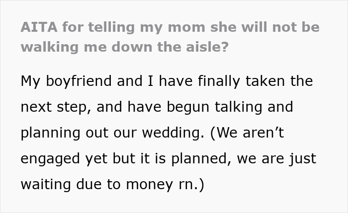 Text discussing telling mom she won't walk bride down aisle; includes wedding planning details.