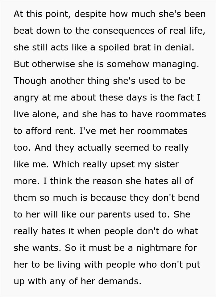 Text describing a woman labeled as a spoiled brat and her struggles with demands and roommates.