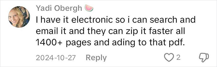 Comment on medical binder hack, discussing electronic document of 1400+ pages.