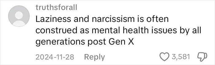 Comment on mental health as an excuse in the workplace debate, from user truthsforall, with reactions.