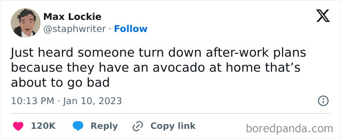 Funny food meme about canceling plans to save an avocado from going bad.