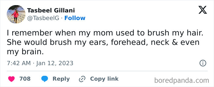 Funny tweet about moms brushing hair with a humorous twist on brushing ears and forehead.