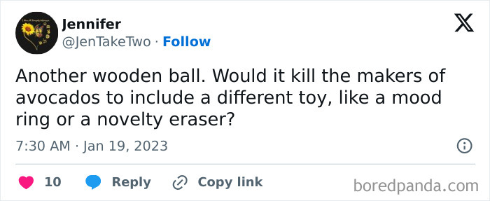 Tweet humorously comparing avocado pit to a wooden ball, suggesting a mood ring or novelty eraser as alternatives.