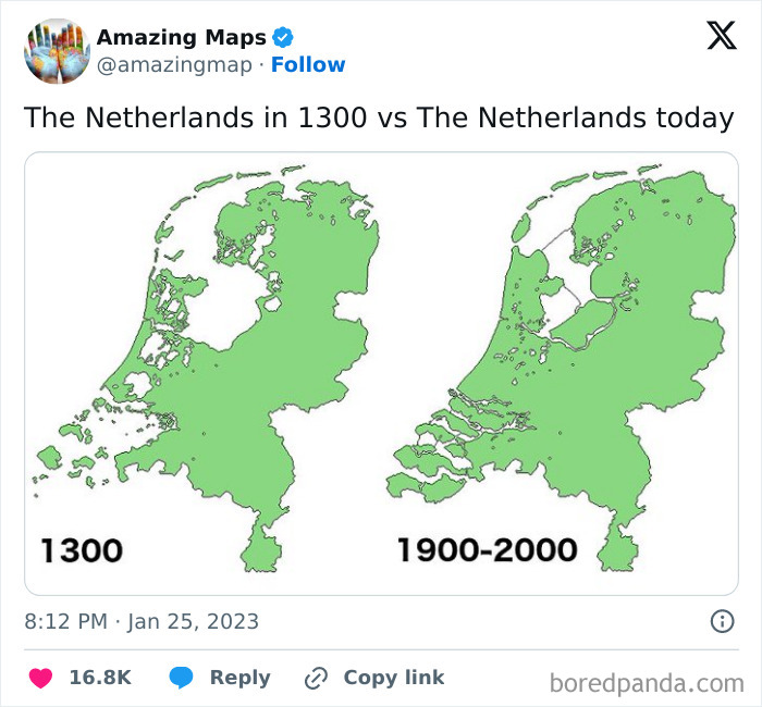 Maps comparing the Netherlands in 1300 and today, illustrating changes in perspective over time.