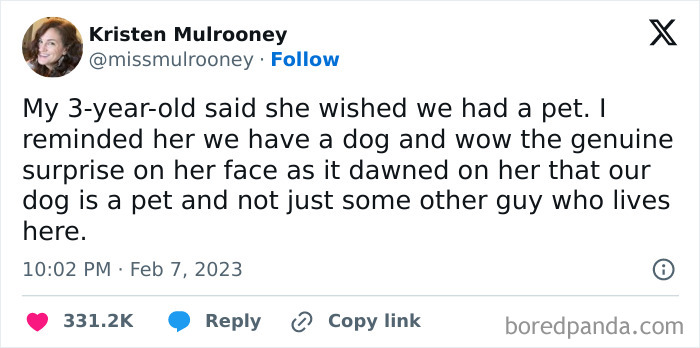 Tweet with a humorous story about a 3-year-old's hilarious misunderstanding involving a family pet dog.