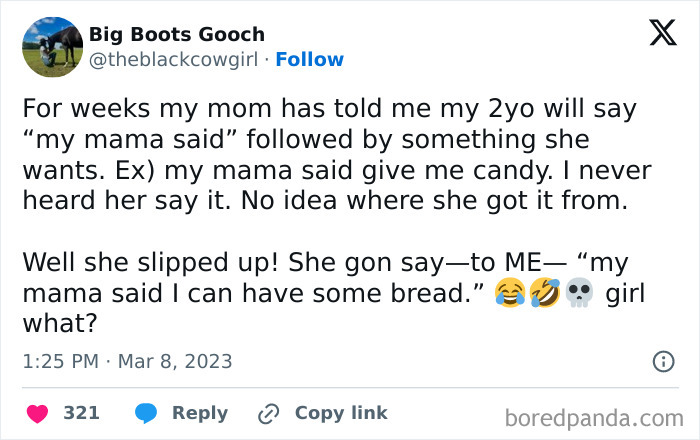 Tweet by user sharing a funny and heartwarming story about their toddler's imaginative sayings.