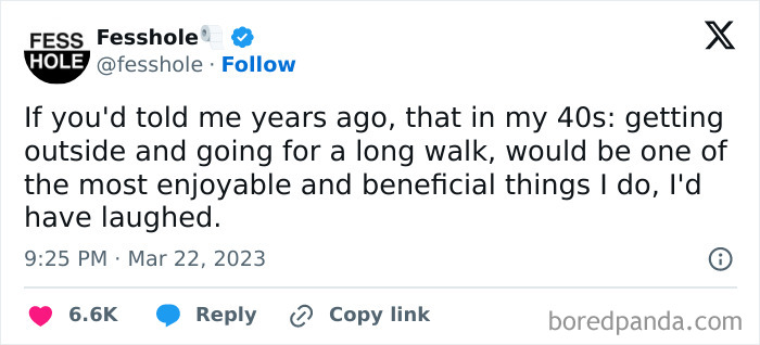 Tweet about enjoying long walks in your 40s, highlighting the unexpected benefits and enjoyment of this simple activity.