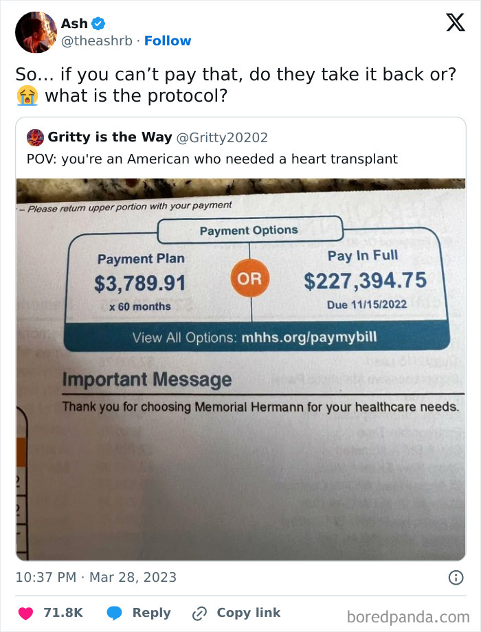 Funny post about heart transplant costs, highlighting despair with high payment options.