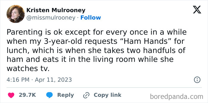 Tweet about humorous parenting story with a toddler's unique request, related to awkward-parents-kids-conversations.