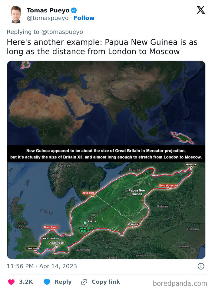 Map showing Papua New Guinea's size comparison, stretching from London to Moscow, illustrating a change in perspective.