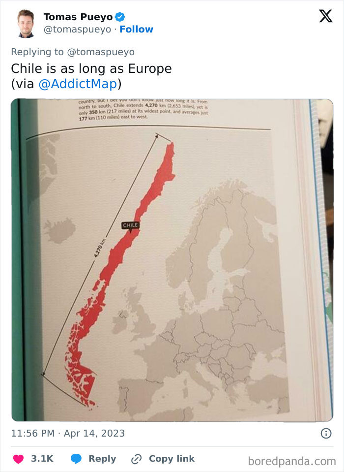 Map showing Chile's length compared to Europe, highlighting perspective change.