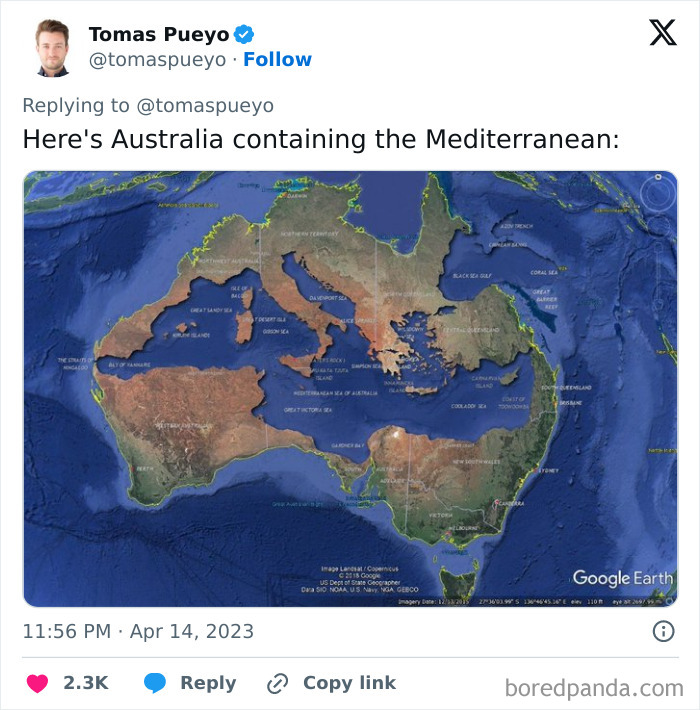 Map showing Australia containing the Mediterranean, illustrating a change in perspective.