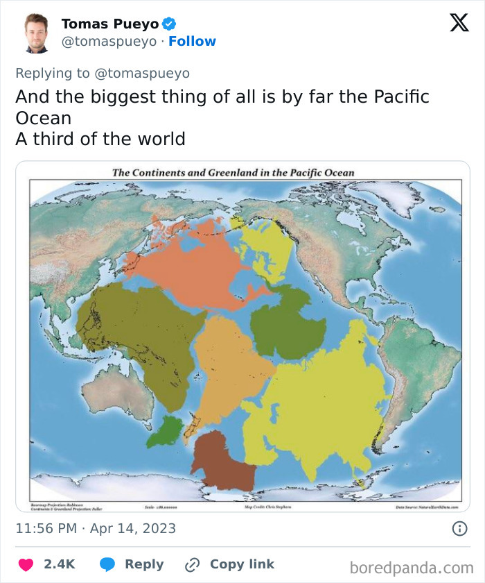 A map showing continents and Greenland placed in the Pacific Ocean, illustrating a change in perspective.