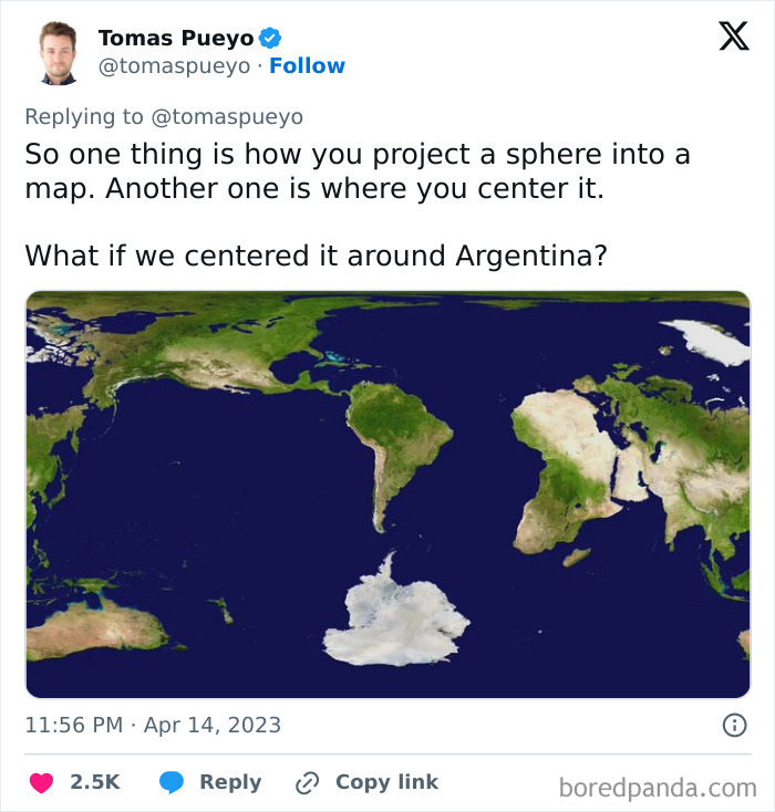 World map centered on Argentina, highlighting how map positioning can change perspective.