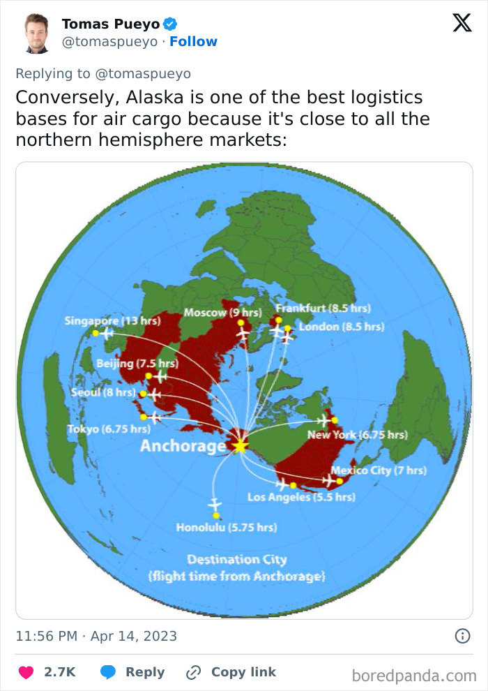 Map illustrating Anchorage's proximity to major northern hemisphere markets, emphasizing logistics and perspective change.