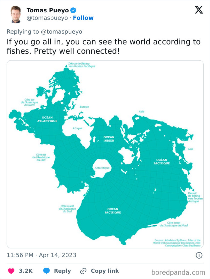 Map reimagining global continents and oceans, offering a unique perspective on connectivity.