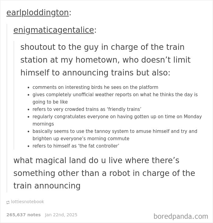 Text post highlighting heartwarming kindness of a train station announcer's uplifting and humorous broadcasts.