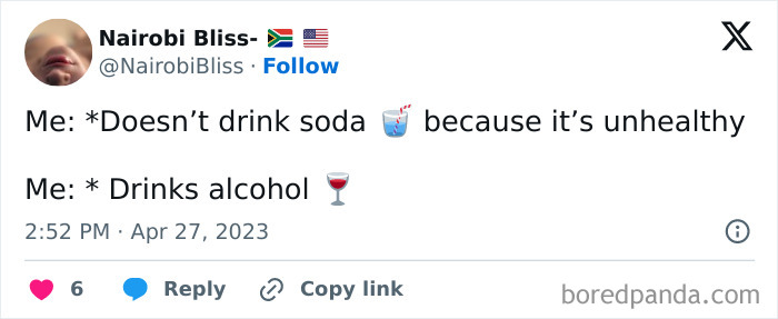 Funny post about moms, contrasting not drinking soda with drinking alcohol.