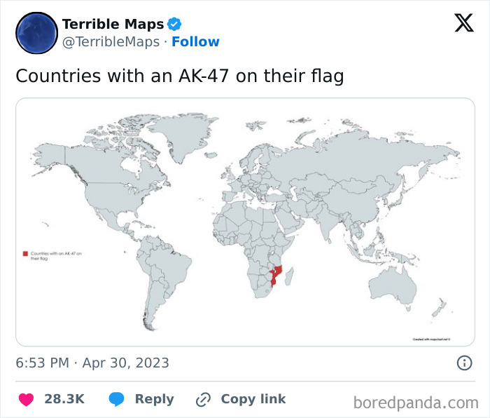 Map highlighting countries featuring an AK-47 on their flag, illustrating a change in perspective.