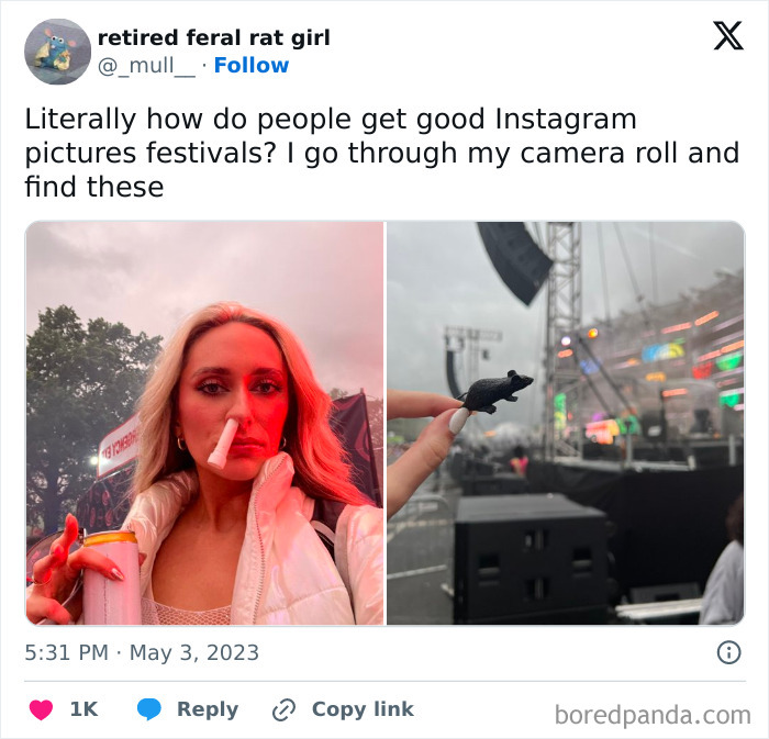 Woman poses with a silly expression, holding a cigarette and drink at a festival, showcasing funny camera roll finds.