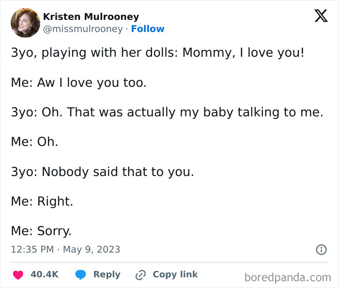 Tweet showing a humorous awkward conversation between a parent and a 3-year-old about playing with dolls.