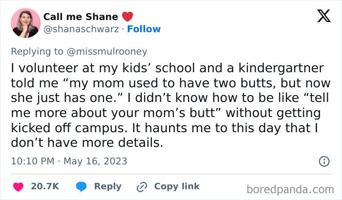 Hilarious kids tweet about a funny school story involving a kindergartener's comment on their mom.