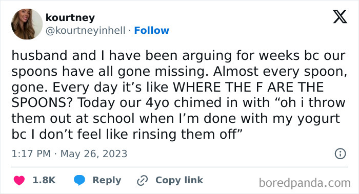 Tweet about missing spoons reveals funny kids' confession in awkward parents-kids conversation.