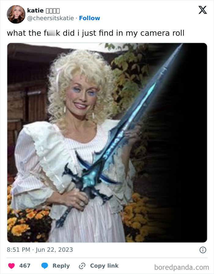 Person holding a fantasy sword, surrounded by flowers, captured as a funny-camera-roll-find.