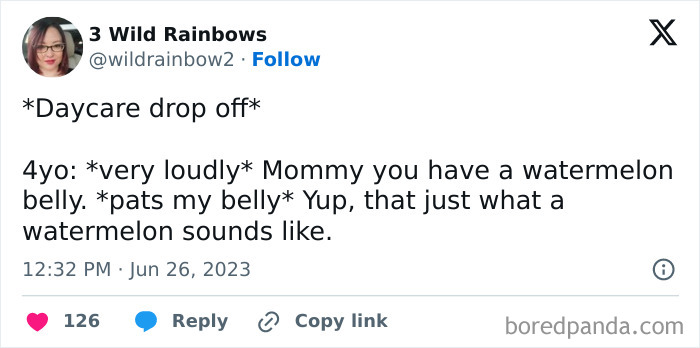 Tweet screenshot about a child's naive comment, highlighting awkward parents-kids conversations.