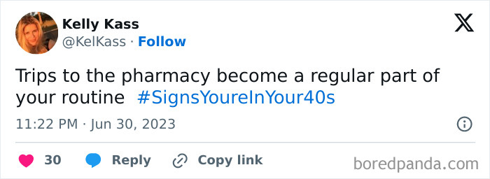 Tweet about pharmacy visits and routines in your 40s with hashtag #SignsYoureInYour40s.