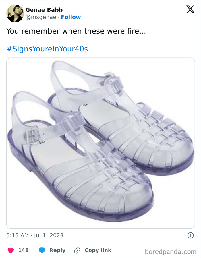 Clear jelly sandals with a tweet caption reminiscing about being in your 40s.