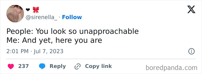 Tweet humorously depicts office life, saying: "People: You look so unapproachable. Me: And yet, here you are."