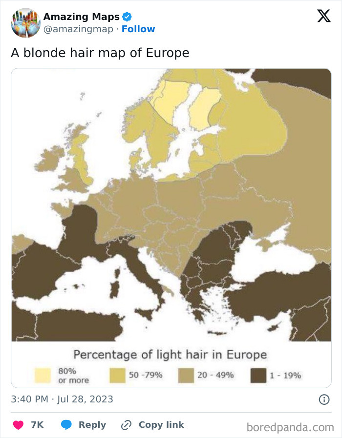 Map showing varying percentages of light hair across Europe, highlighting how maps change perspective.