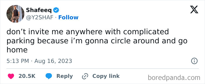 Millennial meme about avoiding places with complicated parking, shared by Shafeeq on social media.