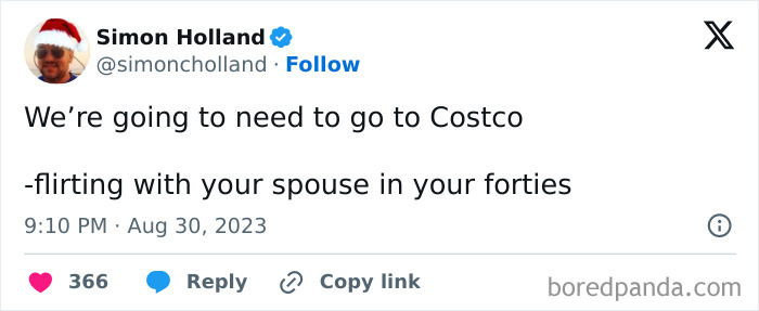 Tweet about relationships in your forties, joking about flirting with a spouse by planning a Costco trip.