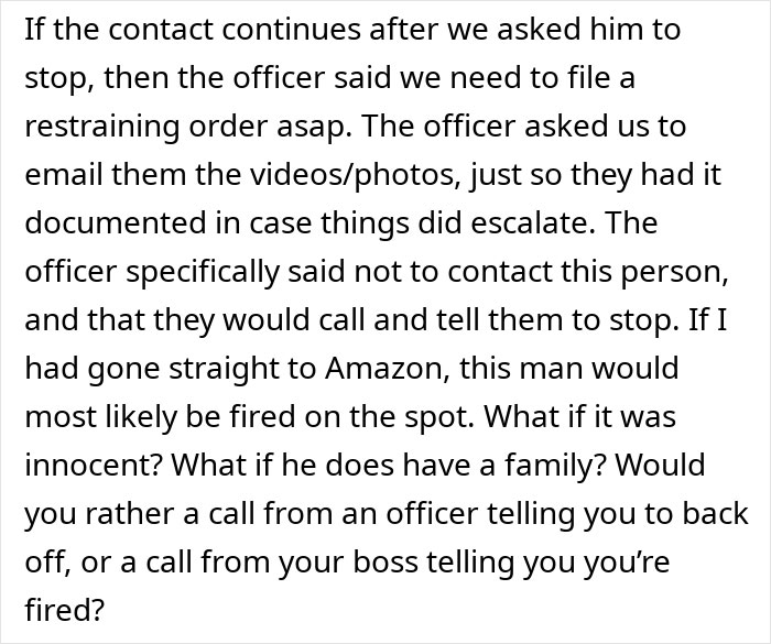 Text detailing police advice on handling contact issues with an Amazon driver.